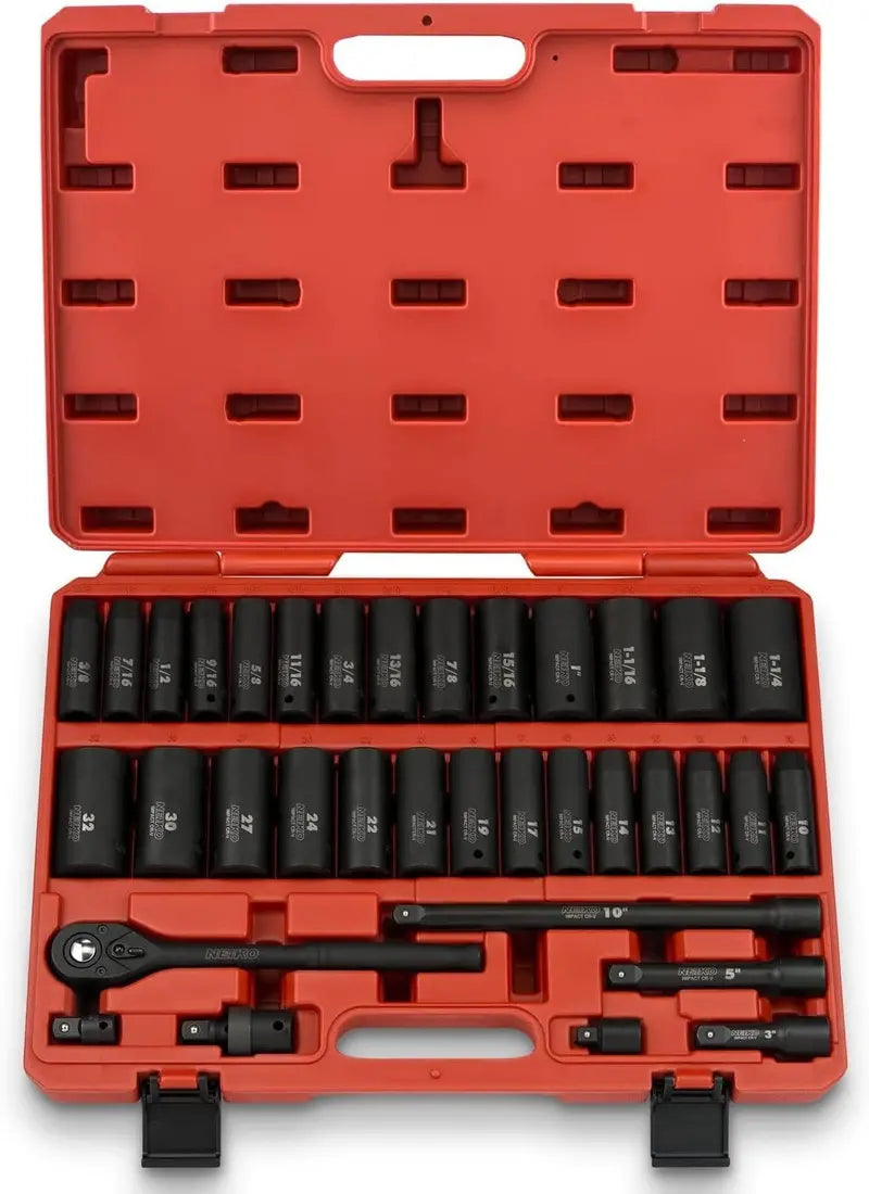 02448A 65-Piece 1/2″ Drive Impact Socket Set ¨C SAE &amp; Metric Deep/Shallow Sizes, Ratchet + Adapters