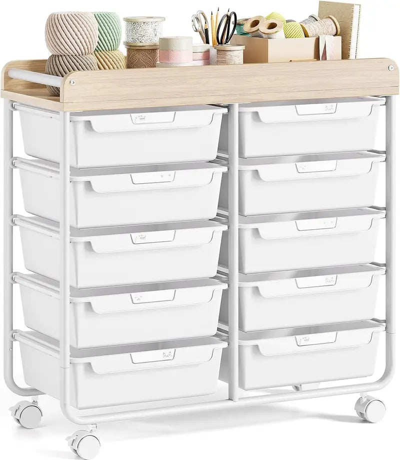 10-Drawer Rolling Craft Cart ¨C Wooden Top Utility Organizer with Casters for Home, Office, or Classroom