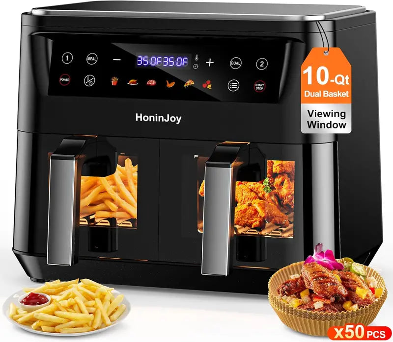 10-Quart Dual Basket Air Fryer with Viewing Window ¨C 10-in-1 Touchscreen System with SyncCook Technology and Liner Set
