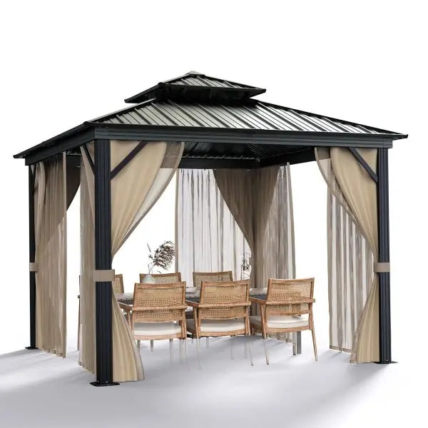10′ x 10′ All-Weather Hardtop Gazebo ¨C Dual-Tier Metal Roof, Aluminum Frame, Netting &amp; Curtains (Khaki)