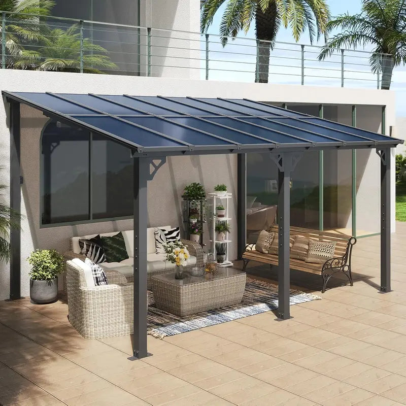 10′ x 14′ Sloped-Roof Gazebo ¨C Wall-Mounted Patio Pergola with Awning Design for Decks, Porches &amp; Backyards