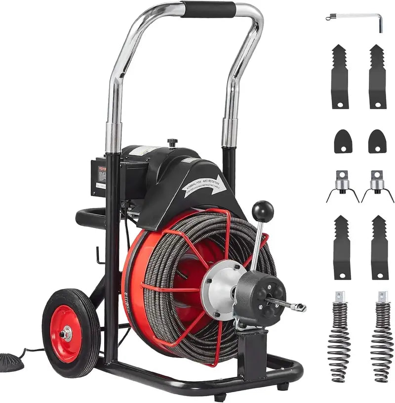 100-Foot Auto-Feed Drain Snake Machine ¨C 550W Portable Sewer Auger with 8 Cutters &amp; Foot-Controlled Operation