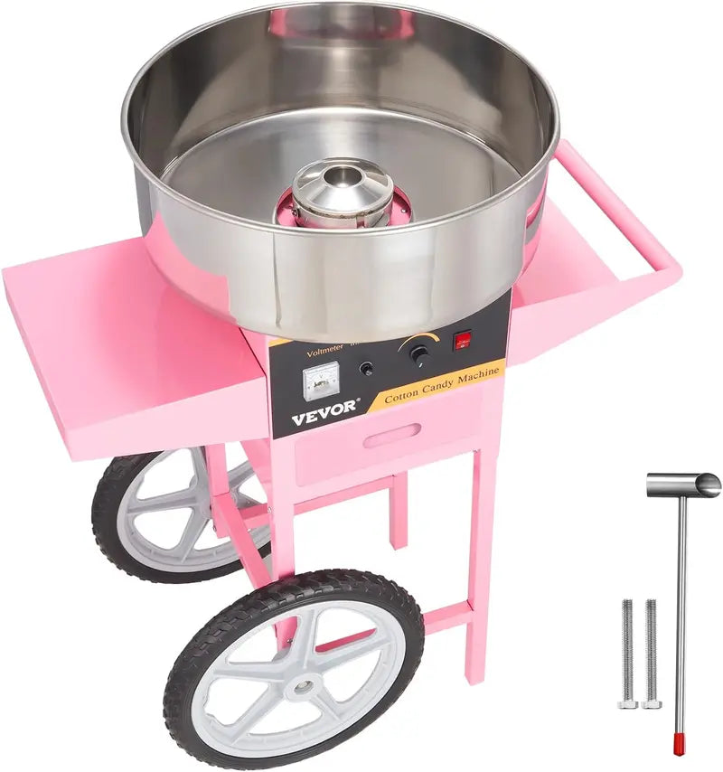1000W Commercial Cotton Candy Machine with Cart ¨C Stainless Steel Bowl, Sugar Scoop &amp; Storage Drawer (Pink)