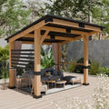 10×12 FT Cedar Hardtop Gazebo ¨C All-Season Wooden Outdoor Structure with Metal Roof, Back Curtains &amp; Weather-Resistant Finish
