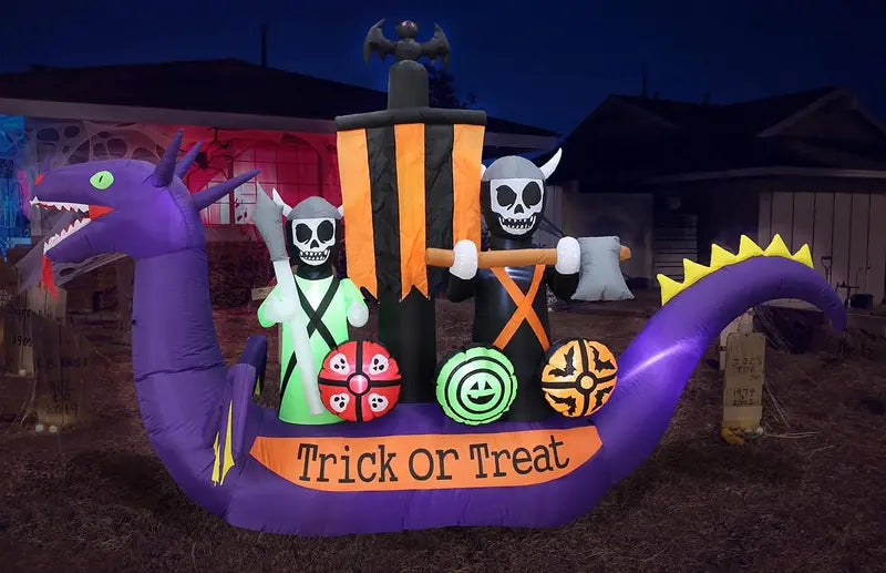 11-Foot Inflatable Halloween Scene: Dragon-Pirate Ship Skeleton Combo with Animated Effects