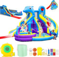 11-in-1 Inflatable Water Play Center ¨C Extra-Large Dolphin-Themed Bounce House with Dual Slides, Climbing Wall, Pool &amp; Water Cannon (550W Blower Included)