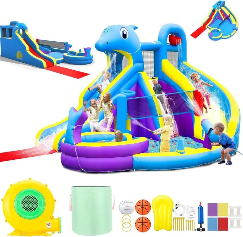 11-in-1 Inflatable Water Play Center ¨C Extra-Large Dolphin-Themed Bounce House with Dual Slides, Climbing Wall, Pool &amp; Water Cannon (550W Blower Included)