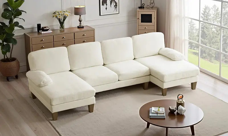 110-Inch U-Shaped Sectional Sofa ¨C Double-Chaise Chenille Living Room Set for Modern Homes (Beige)