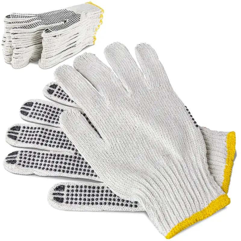 [12 Pairs] Black White Work Gloves – Dotted Safety Working Gloves, Firm Grip, Slip Resistant, Heavy Duty Cotton Knit for Men Women, Utility, Construction, Gardening, Fishing, Winter Indoor Outdoor Use