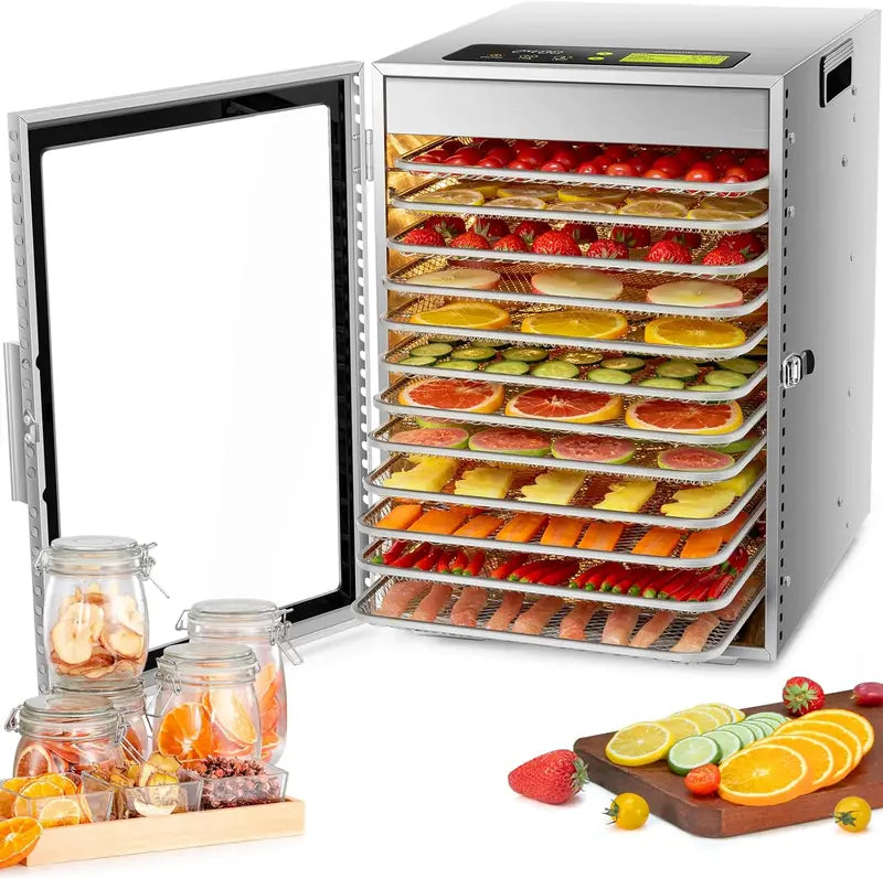 12-Tray Stainless Steel Food Dehydrator ¨C Dual-Fan 360¡ã Airflow, 24-Hour Timer, 30¡ãC¨C90¡ãC Range &amp; Overheat Protection (800W)