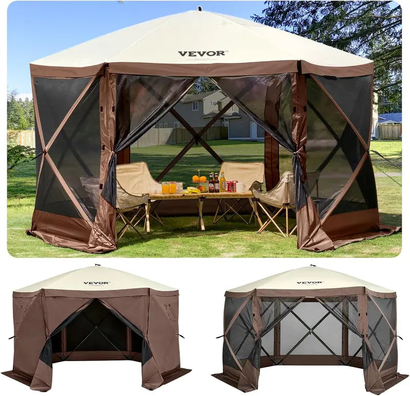 12′ x 12′ Hexagonal Camping Awning Tent ¡ª IPX3 Waterproof, Mesh Ventilation, Portable Storage Bag