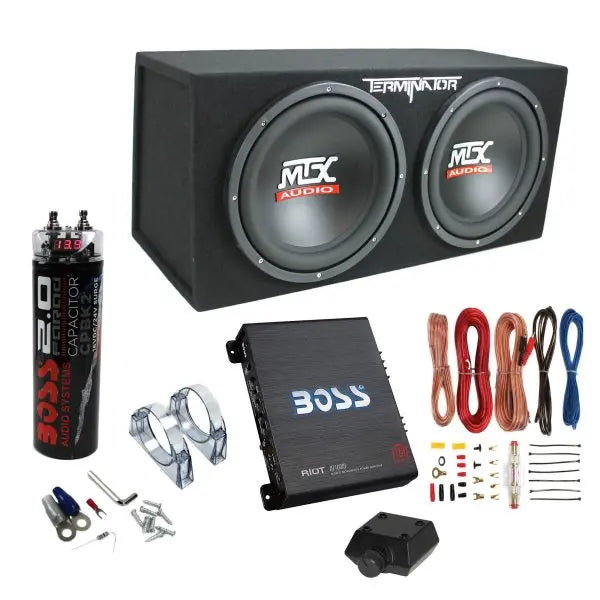 1200W Dual-Voice-Coil Subwoofer Package with 1100W Amplifier, Capacitor, and Accessories