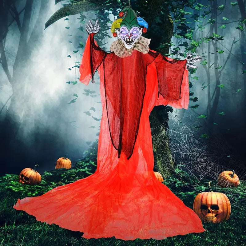 13.1 ft Hanging Clown Decoration ¨C Spooky Halloween Prop with Color-Changing Eyes &amp; Poseable Arms