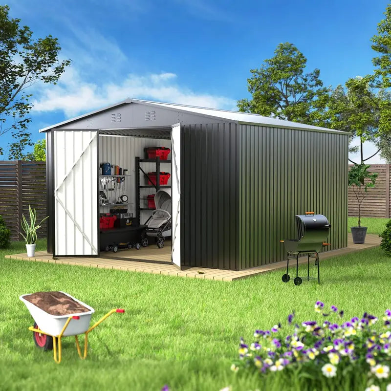 14x12ft Heavy-Duty Waterproof Steel Outdoor Storage Shed ¨C Large Utility Garden Tool Shed