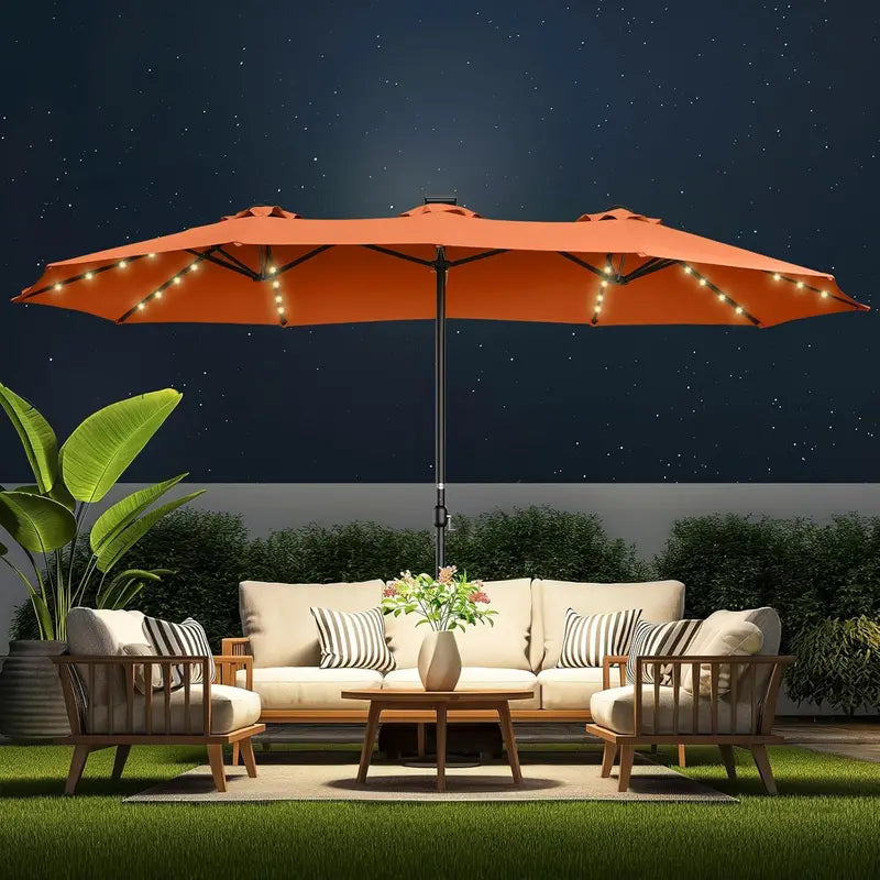 15-Foot Double-Sided Solar-Powered Patio Umbrella ¨C LED-Lit Oversized Market Style with Base, Beige