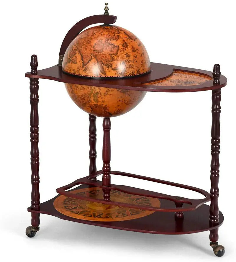 16th-Century Italian-Style Wine Bar Stand ¨C 34-Inch Wood Globe Rack with Expanded Bottle Shelf