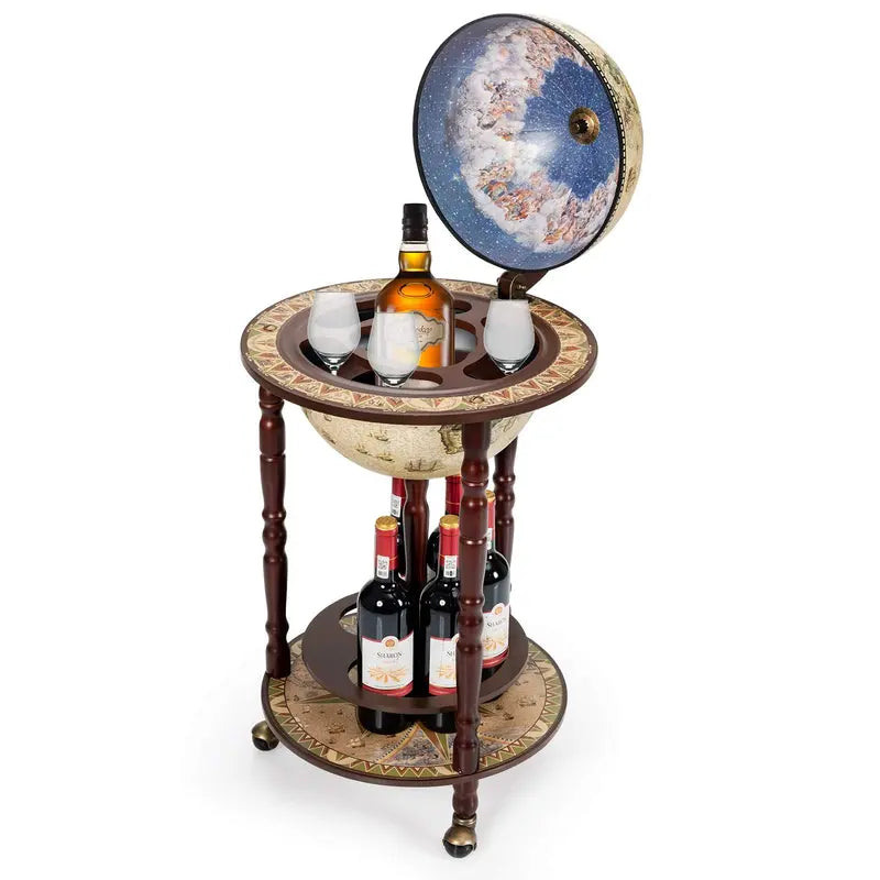 17-Inch Wood Globe Wine Bar Stand ¨C Vintage-Style Liquor Bottle Display Rack