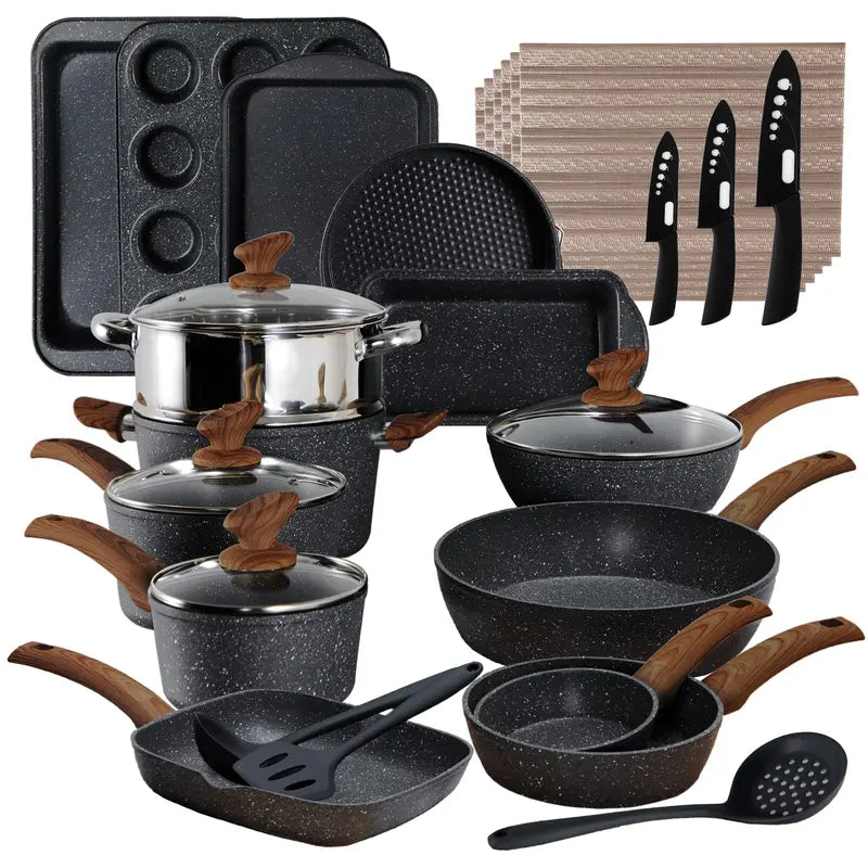 17-Piece Granite Nonstick Cookware Set ¨C Black Ceramic-Coated Pots, Pans, and Lids for Everyday Cooking