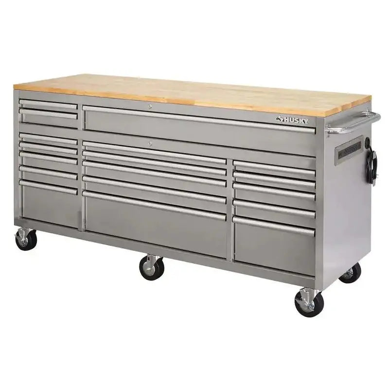 18-Drawer Mobile Workbench ¨C 72-Inch Length with Solid Wood Top and Stainless Steel Frame