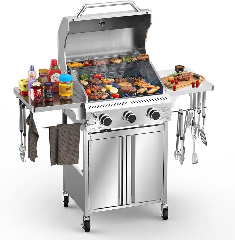 2-Burner Propane BBQ Grill with Cast Iron Grates &amp; Frying Pan Combo Set