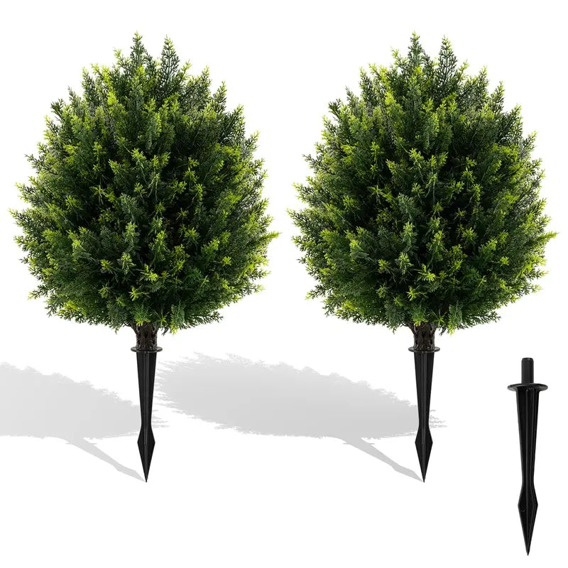 2-Pack Faux Cedar Shrubs with Ground Spikes ¨C Outdoor-Ready Artificial Plants