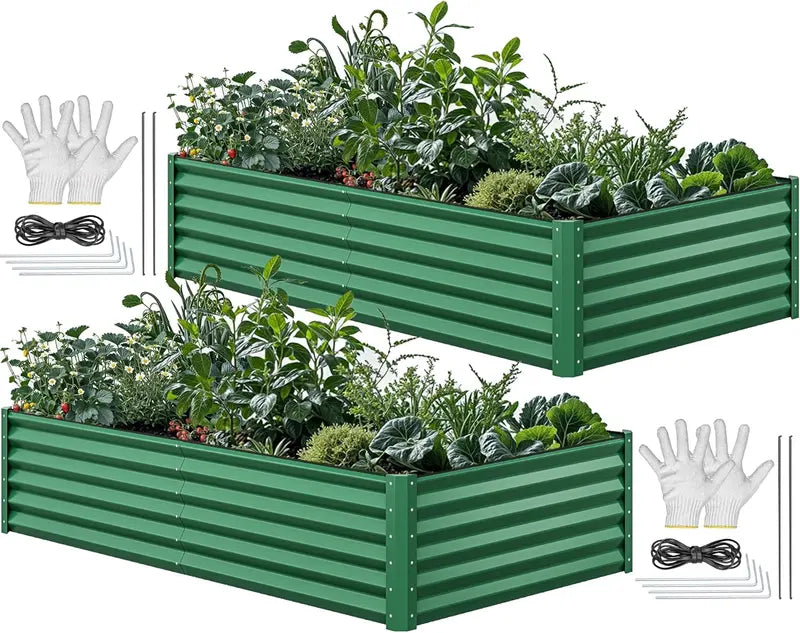 2-Pack Large Galvanized Metal Raised Garden Beds (8′ x 4′ x 2′) ¨C Includes Gloves, Ground Anchors &amp; Safety Rubber Edging (Green)