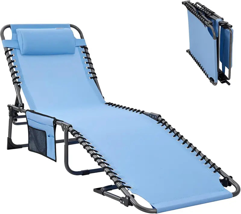 2-Pack Portable Folding Chaise Lounge ¨C 5-Position Recline, Side Table, Shoulder Strap &amp; Pillow for Beach, Lawn or Camping