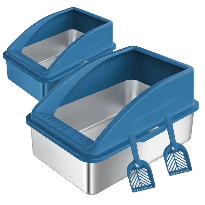2-Pack Stainless Steel High-Wall Cat Litter Box Set with Scoop