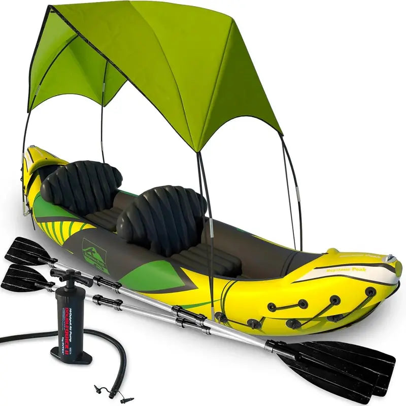 2-Person Inflatable Kayak with Removable Sun Canopy ¨C Includes Dog/Child Seat, Waterproof Phone Pouches, Adjustable Backrests, and 2024 Upgrades (Yellow-Green)