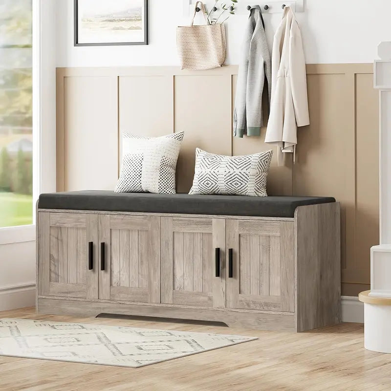 2-Tier Entryway Shoe Bench ¨C Padded Seat, Four-Cabinet Design with Adjustable Interior Shelf