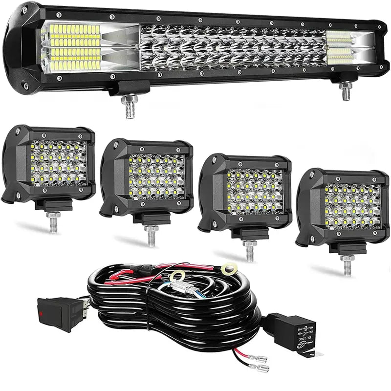 20-Inch Triple-Row LED Light Bar Kit ¨C 288W Spot/Flood Combo + 4¡Á72W LED Pods, Waterproof Wiring Harness for Off-Road Vehicles &amp; Equipment