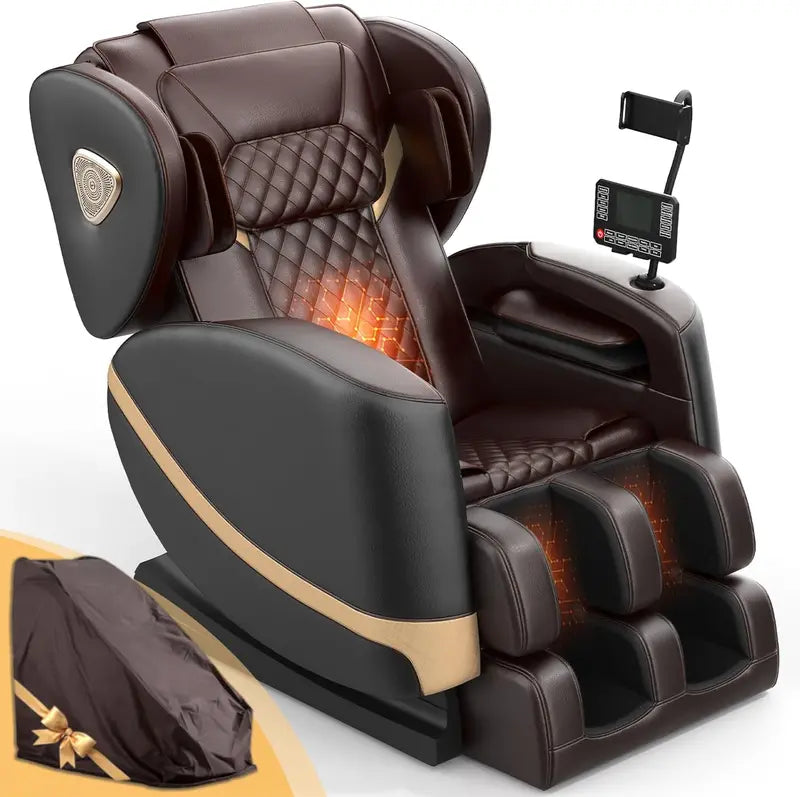 2025 Full-Body Zero Gravity Massage Chair | 10-Point Roller System, Heating Therapy, Foot Rollers, Auto Programs, Bluetooth Audio &amp; Touchscreen Control (Brown Premium)