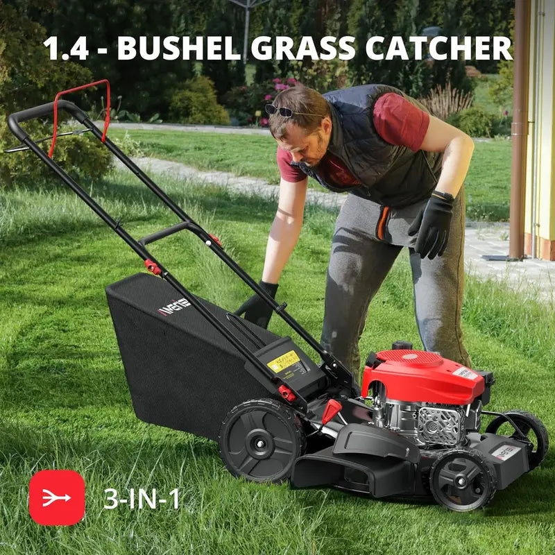 21″ Gas-Powered 3-in-1 Lawn Mower ¨C 144cc 4-Stroke Engine, 6-Position Height Adjustment &amp; 1.4-Bushel Catcher