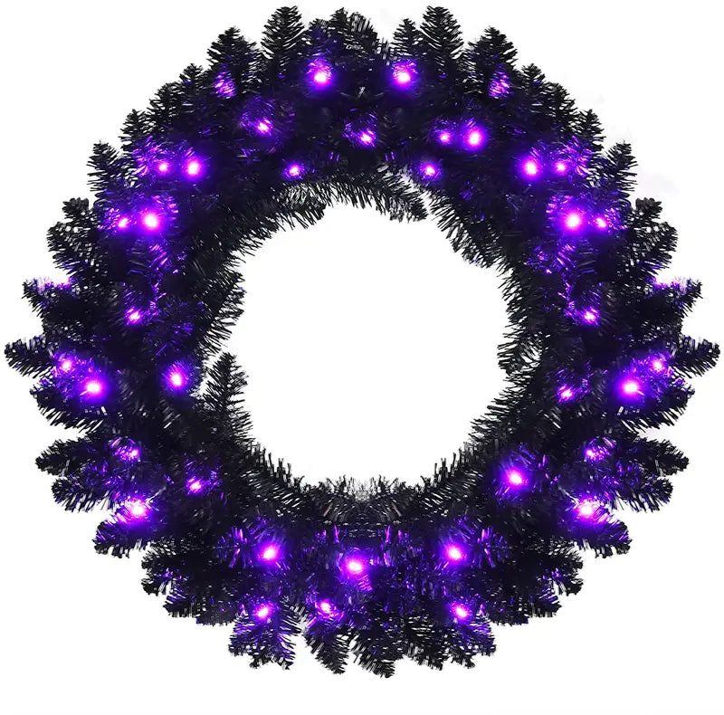 24-Inch Black Halloween Wreath ¨C Pre-Lit Artificial Decor for Indoor or Outdoor Use