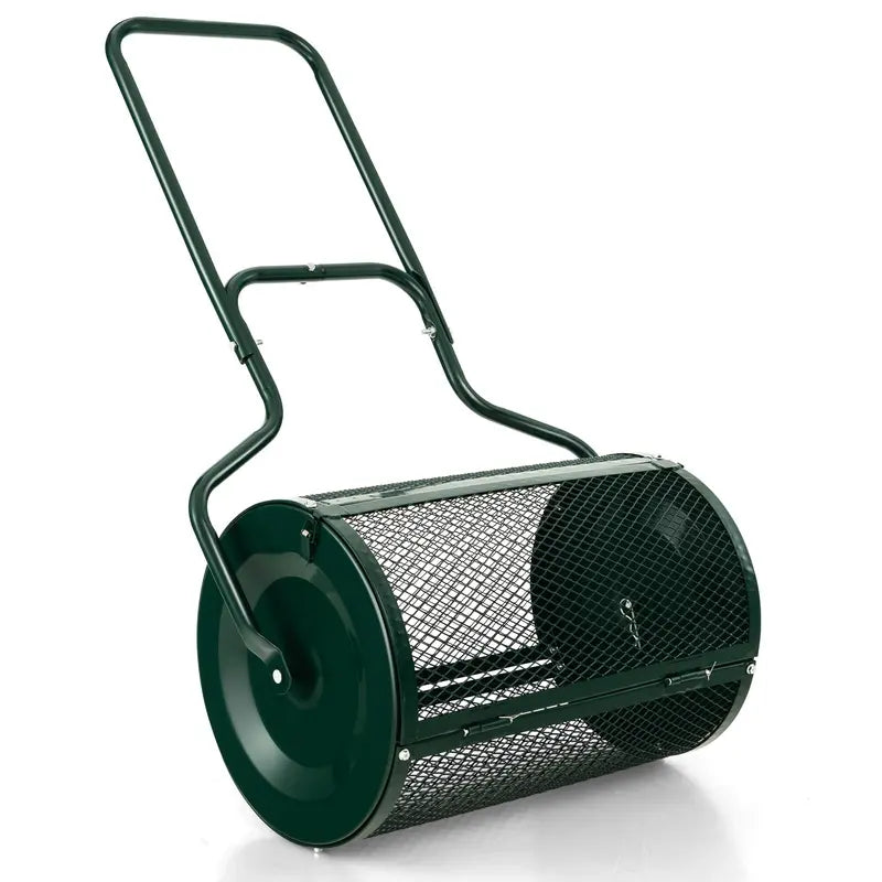 24-Inch Lightweight Compost Spreader with Dual-Latch Metal Mesh Roller for Lawn Topdressing &amp; Grass Seeding