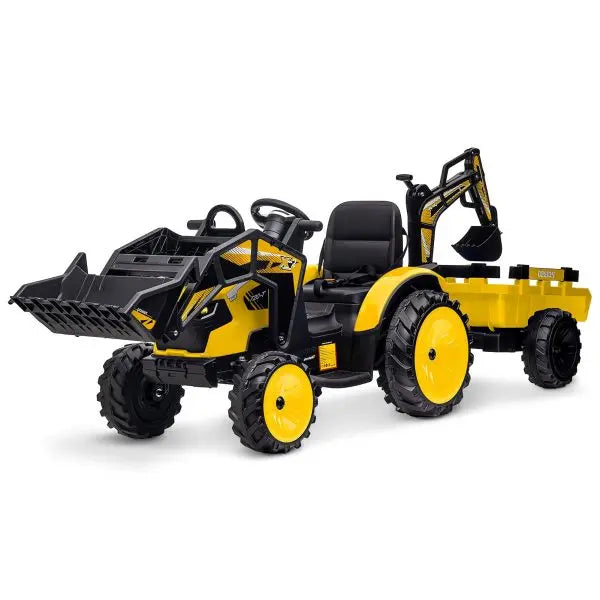 24V 3-in-1 Ride-On Tractor ¨C Excavator &amp; Bulldozer Modes, Remote, LED, USB/Bluetooth (Yellow)
