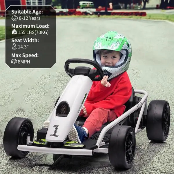 24V Kids¡¯ Go-Kart for Ages 8¨C12 ¨C Dual 300W Motors, 8 MPH Max Speed, LED Lights &amp; Horn (White)