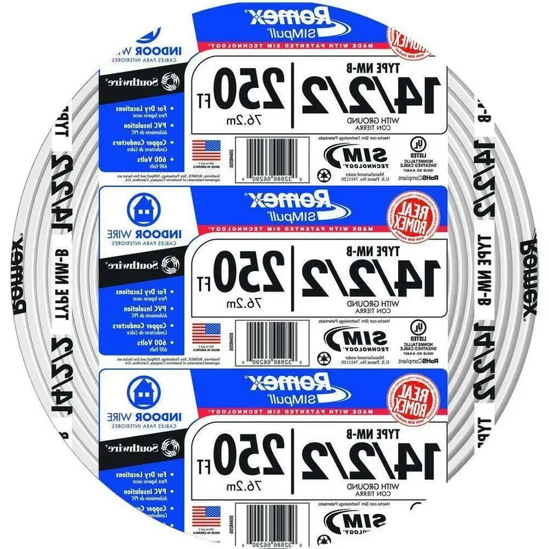 250-Foot 14/2/2 SIMpull NM-B Romex Wire ¨C Solid Copper, With Ground, Easy-Pull Residential Cable