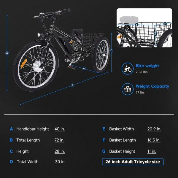 26-Inch Fat-Tire Electric Trike for Adults ¨C 350W Motor, 7-Speed, 36V 10Ah Battery (Dark Gray)