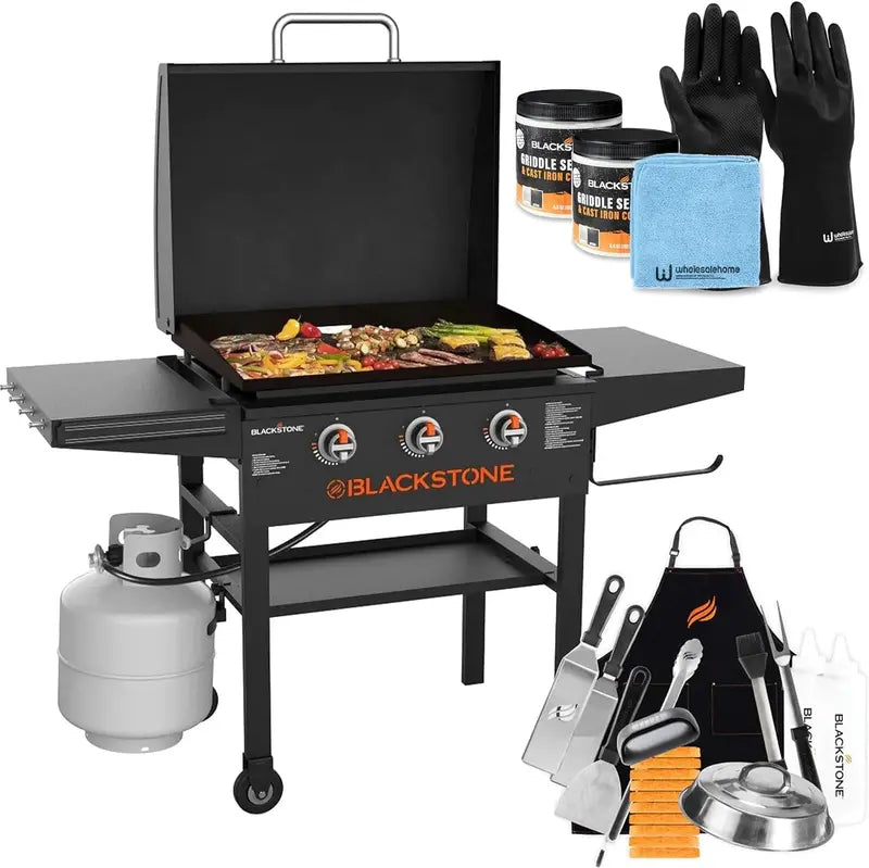 28-Inch Blackstone Griddle 2080 Outdoor Cooking Station ¨C Hooded 3-Burner Flat Top Grill with Starter Kit and Premium Accessories