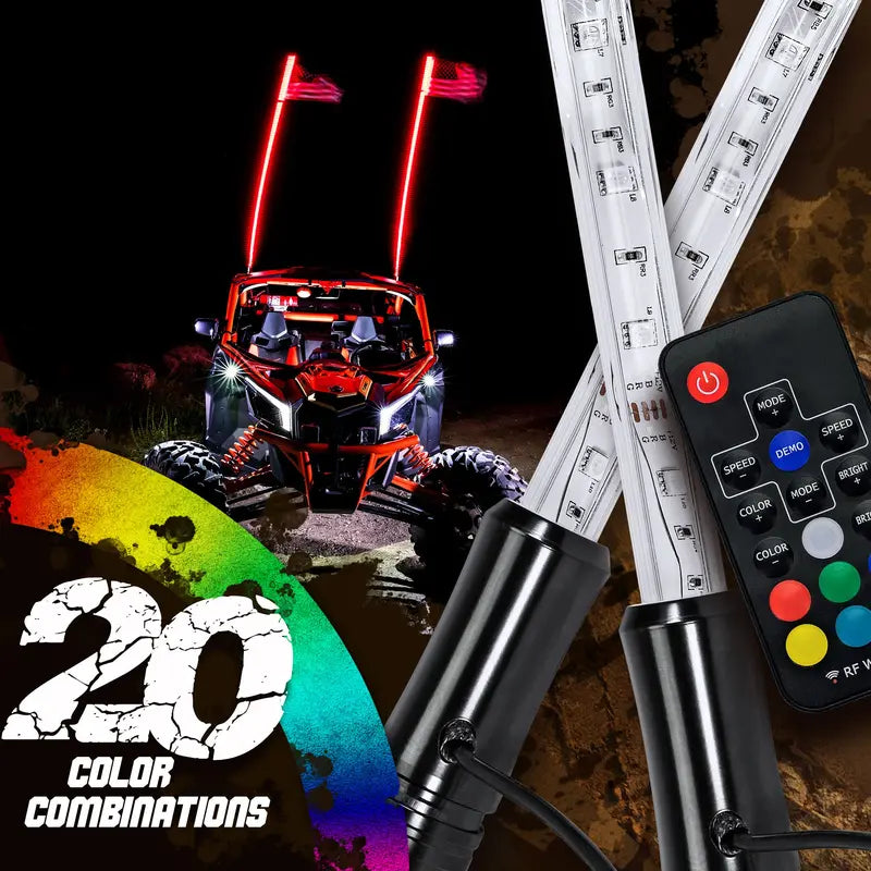 2pc 3ft LED Whip Lights w/ Flag [21 Modes] [20 Colors] [Wireless Remote] [Weatherproof] Lighted Antenna Whips – Accessories for ATV Polaris RZR 4 Wheeler