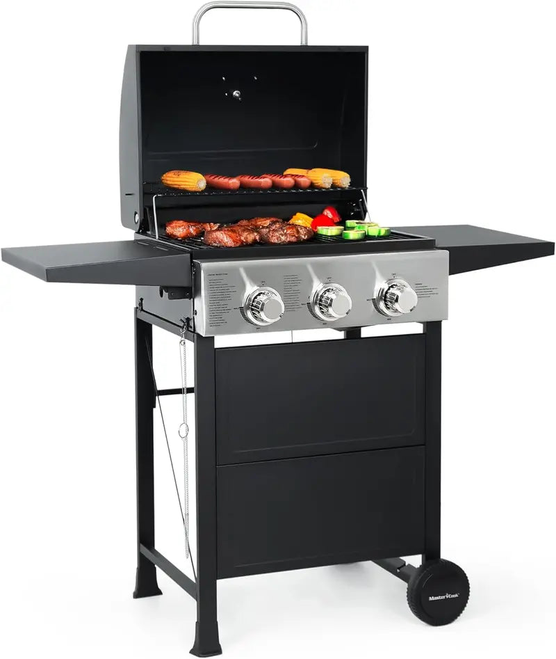 3-Burner Propane Gas Grill ¨C Compact Stainless Steel Patio BBQ with Foldable Shelves &amp; 30,000 BTU Output