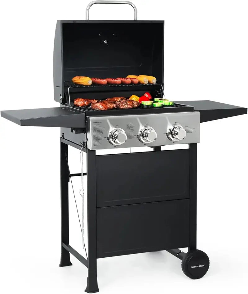 3-Burner Propane Gas Grill | Stainless Steel Patio BBQ with 30,000 BTU Output &amp; Fold-Down Side Shelves