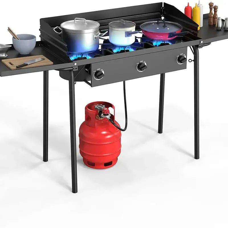 3-Burner Propane Stove with Windshield, Side Shelves, and Adjustable Regulator