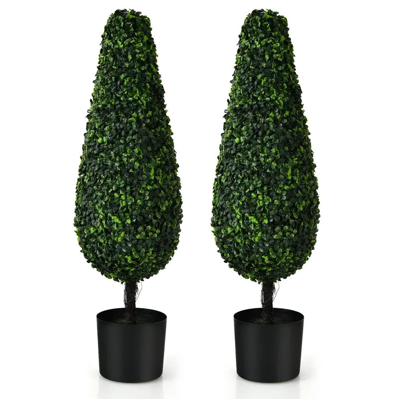 3-Foot Artificial Boxwood Tower Topiaries ¨C Set of 2 Faux Plants in Cement-Weighted Plastic Pots