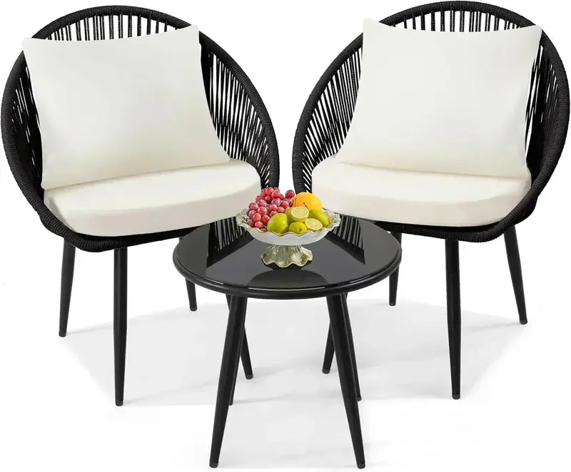 3-Piece All-Weather Bistro Set ¨C Rope-Woven Patio Chairs with Cushions &amp; Side Table
