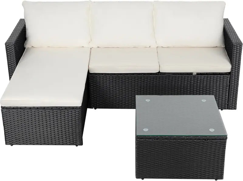 3-Piece All-Weather Patio Sofa Set ¨C Beige Wicker Sectional with Glass Coffee Table &amp; Matching Cushions
