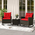 3-Piece Outdoor Wicker Rocking Chair Set ¨C Red Cushioned Rattan Bistro Set with Tempered Glass Coffee Table