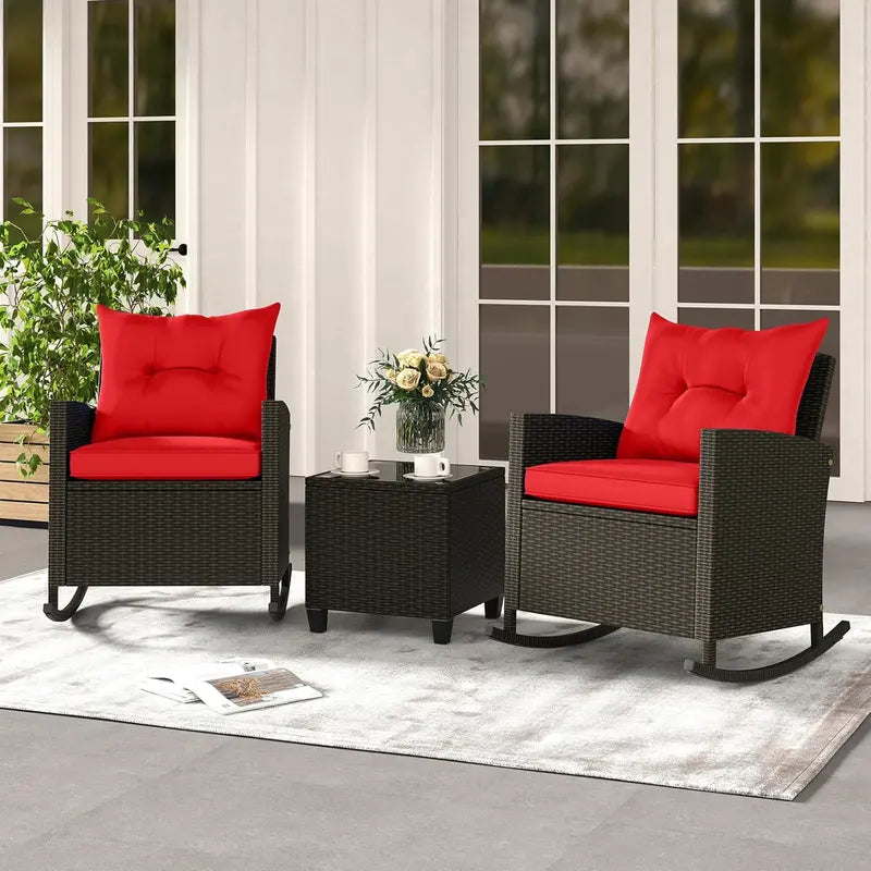 3-Piece Outdoor Wicker Rocking Chair Set ¨C Red Cushioned Rattan Bistro Set with Tempered Glass Coffee Table