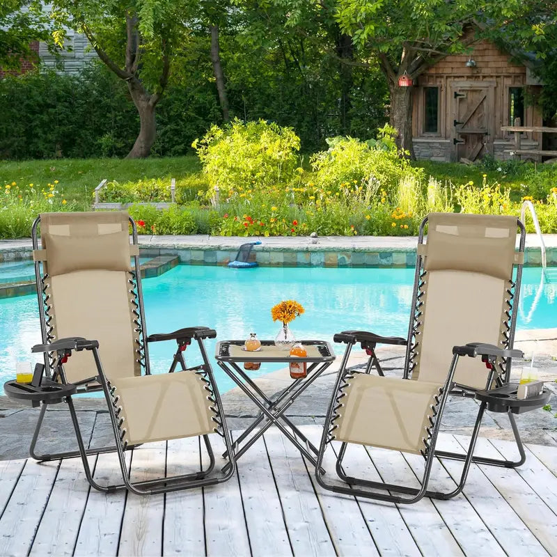 3-Piece Portable Zero Gravity Recliner Set with Side Tables &amp; Foldable Chaise Lounges